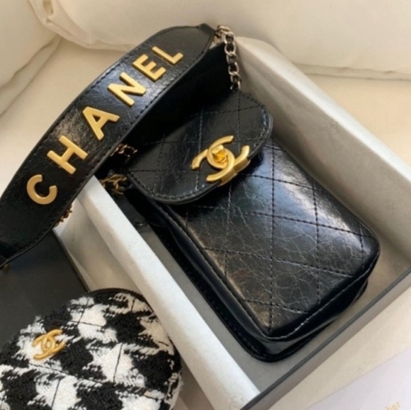 CHANEL CC Black purse Bag Set logo gold tweed chain crossbody phone wallet - Picture 3 of 9